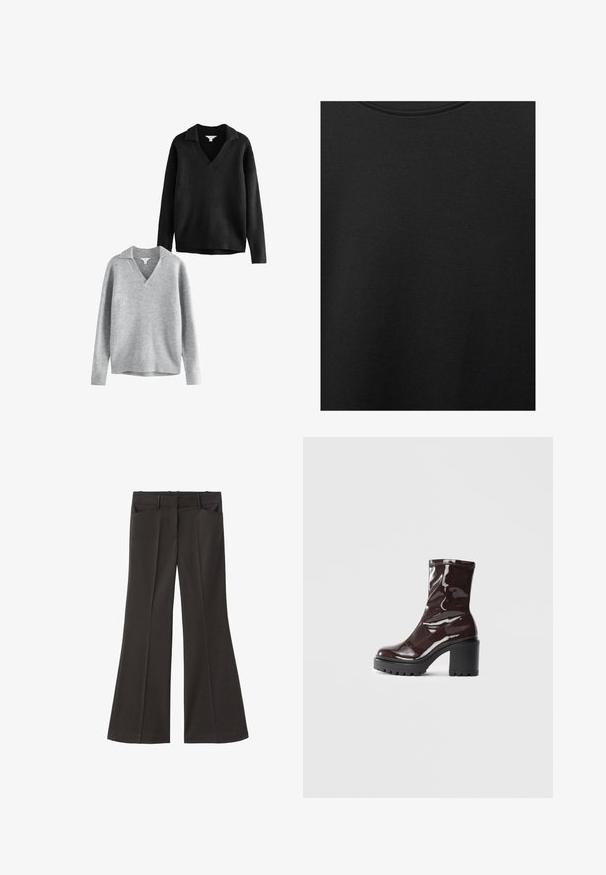 Maglioni a v neri e grigi con colletto, realizzati in morbido tessuto a maglia, con polsini e orli a coste, vestibilità comoda e dettagli minimi.; Tessuto di cotone nero con una texture liscia e scollatura rotonda, caratterizzato da un motivo a grana sottile e uniforme. Nessun logo o accento visibile.; Pantaloni neri a zampa d'elefante con vita alta; presentano due tasche frontali e una texture del tessuto liscia. Adatti per varie occasioni.; Stivale alla caviglia bordeaux lucido con un tacco spesso nero, caratterizzato da una superficie liscia e un design semplice. Nessuna chiusura visibile o motivo.