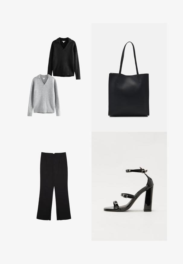 Schwarz- und graue V-Neck-Pullover mit Kragen, aus weichem Strickstoff, mit gerippten Bündchen und Säumen, lockerer Passform und minimaler Detailstruktur.; Schwarze Hose mit geradem Schnitt, ausgestattet mit Fronttaschen und Seitenschlitzen am Saum. Hergestellt aus weichem, glattem Stoff. Geeignet für verschiedene Anlässe.; Schwarze patentierte Sandalen mit Absatz, quadratischer Spitze, Knöchelriemen und silbernen Schnallen. Mit einem stabilen Blockabsatz für mehr Stabilität.; Schwarze Laptoptasche aus Leder mit glatter Textur, rechteckiger Form und zwei langen Griffen. Keine sichtbaren Beschläge oder Verzierungen.