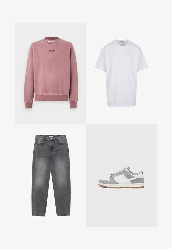 Rausvos rožinės spalvos megztinis su tekstūruota medžiaga, gipiūriniais rankogaliais ir apykakle, o priekyje išsiuvinėti juodi logotipo detalės.; Balta medvilninė marškinėlių užsagėlė su trumpomis rankovėmis, apvaliu kaklu, laisva forma ir be matomų logotipų ar raštų. Lygi tekstūra ir minimalus dizainas.; Aukštai juosmeniu, laisvai krentančios džinsai iš blukusių juodų džinsų. Savybės: penki kišenės, diržo kilpos ir švari, tiesi kojų dizainas.; Pilka ir balta sportinė avalynė su zomšiniu ir odiniu viršumi, suapvalintu pirštu, plokščiomis raištelėmis ir guminėmis padais su guminiu akcentu.