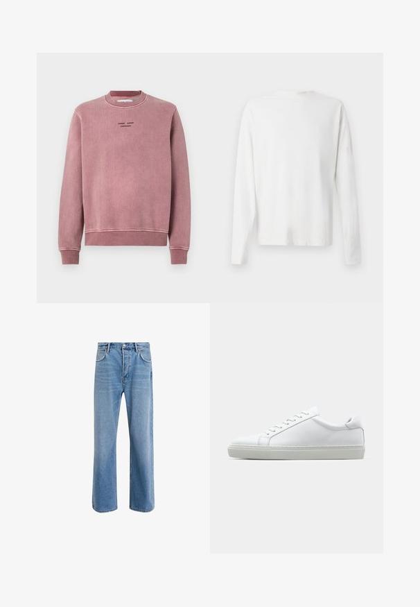 Różowy sweter z fakturowanej tkaniny, z prążkowanymi mankietami i dekoltem oraz haftowanymi detalami logo w czerni z przodu.; Biała, bawełniana koszula z długim rękawem, okrągłym dekoltem, bocznymi rozcięciami na dole oraz gładką fakturą, wyeksponowana z tyłu.; Jasnoniebieskie dżinsy o prostym kroju, pięć kieszeni, zapięcie na guzik, minimalne blaknięcia i kontrastowe wykończenia szwów.; Białe sneakersy z gładką skórzaną cholewką i niskim profilem. Posiadają okrągły nos, sześć dziurek na sznurówki oraz teksturowaną gumową podeszwę.