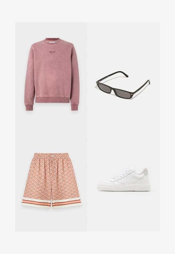 Rose pink sweatshirt with a textured fabric, ribbed cuffs and neckline, and embroidered logo details in black on the front.; Patterned swim shorts in peach, featuring an all-over geometric design. Elastic waistband with button and contrasting striped hem detail.; White leather sneakers with a smooth finish, rounded toe, flat laces, and a textured sole. Grey suede accent at the heel.; Black rectangular sunglasses with dark lenses. Plastic frame with a matte finish. Gold accents on the arms and logo branding.