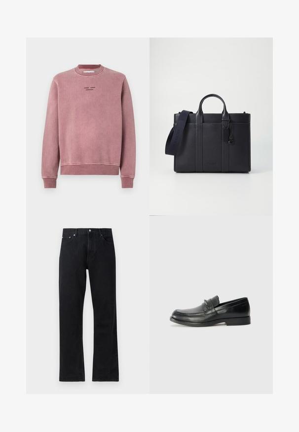 Rosa Sweatshirt aus strukturiertem Stoff mit gerippten Bündchen und Kragen sowie gestickten Logodetails in Schwarz auf der Vorderseite.; Schwarze Jeans aus Denim mit geradem Bein, ausgestattet mit einem Knopfverschluss, im Fünf-Taschen-Stil und dezenten Steppdetails.; Schwarze Lederloafers mit runder Zehenform, ausgestattet mit einem gesteppten Design, einem kleinen Frontriemen mit Hardware-Details und einer flachen Gummisohle.; Dunkelblaues Lederaktentasche mit doppelten oberen Griffen und einem abnehmbaren Gurt. Merkmale sind die strukturierte Oberfläche, vertikale Nähte und das Logo-Detail.