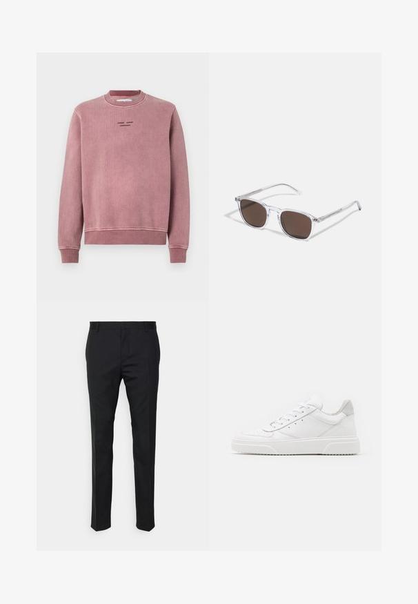 Rozā rozā pelēka krekls ar strukturētu audumu, ribotām piedurknēm un apkakli, un melniem izšūtiem logo elementiem priekšpusē.; Melnas pielāgotas bikses ar taisnu piegriezumu, izgatavotas no gludas auduma. Satur jostas cilpas un krokas detaļu gar priekšpusi.; Baltie ādas sporta apavi ar gludu virsmu, noapaļotu purngalu, plakaniem šņorēm un reljefa zoli. Pelēks zamšādas akcenti pie papēža.; Skaidras plastmasas saulesbrilles ar taisnstūra formas brūnajiem objekīviem, ar plānām, caurspīdīgām kājām un metāla akcentiem uz tempļiem.