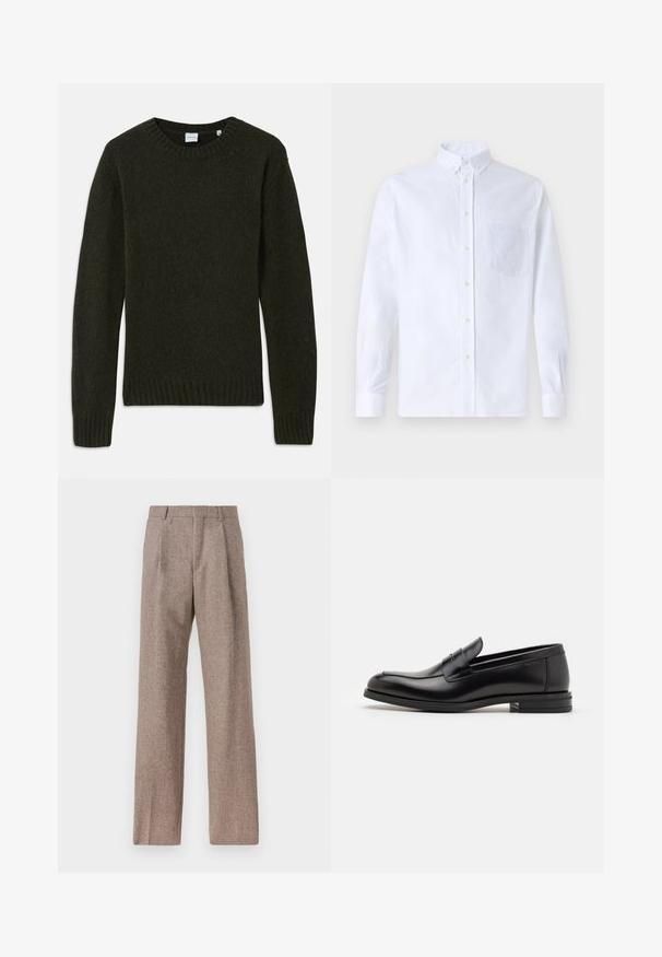 Tume roheline kudumissviiter, millel on ümmargune kaelus, soonikkoes varrukad ja ääred. Pehme tekstuur, pikad varrukad ja lihtne kujundus ilma mustriteta.; Valge pikamaa varrukatega nööbiga särk, mis on valmistatud puuvillast ja millel on rinna tasku toon-toonis brodeeringuga, krae ja nööbiga mansetid.; Prunnid, kõrge vöökohaga püksid, mis on valmistatud tekstureeritud kangast. Omavad laiu jalgu ja kahte eesmist voldikut struktuuri jaoks. Korralik viimistlus, ilma nähtava riistvarata.; Mustad mustad nahast loafers sileda tekstuuriga, ümarat ninaosa ja dekoratiivne riba vampi üle. Madal kihiline konts, minimalistlik disain.