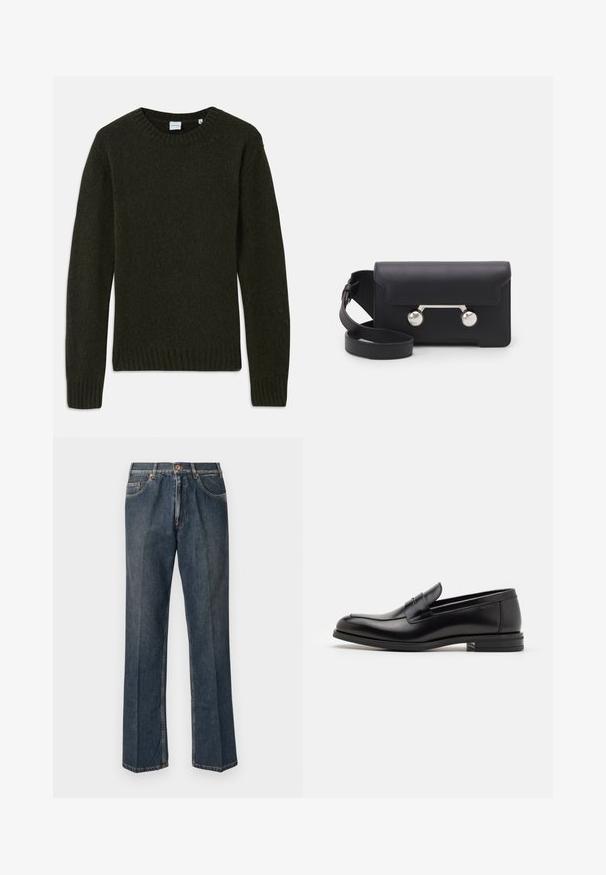 Pull en maille de couleur vert foncé avec un col rond, des poignets et un ourlet côtelés. Texture douce, manches longues et design simple sans motifs.; T-shirt à manches courtes bleu marine avec le texte blanc "neanche per sogno" centré sur la poitrine, col rond, taille moyenne.; Jeans en denim droit bleu foncé avec un bouton à l'avant, une fermeture éclair, deux poches avant et des plis verticaux visibles le long des jambes.; Mocassins en cuir noir avec une texture lisse, bout rond et une sangle décorative sur le dessus. Talon bas empilé, design minimaliste.; Sac bandoulière en cuir noir avec un rabat, accessoires en métal argenté et deux accents ronds. Doté d'une bandoulière amovible. Texture lisse.