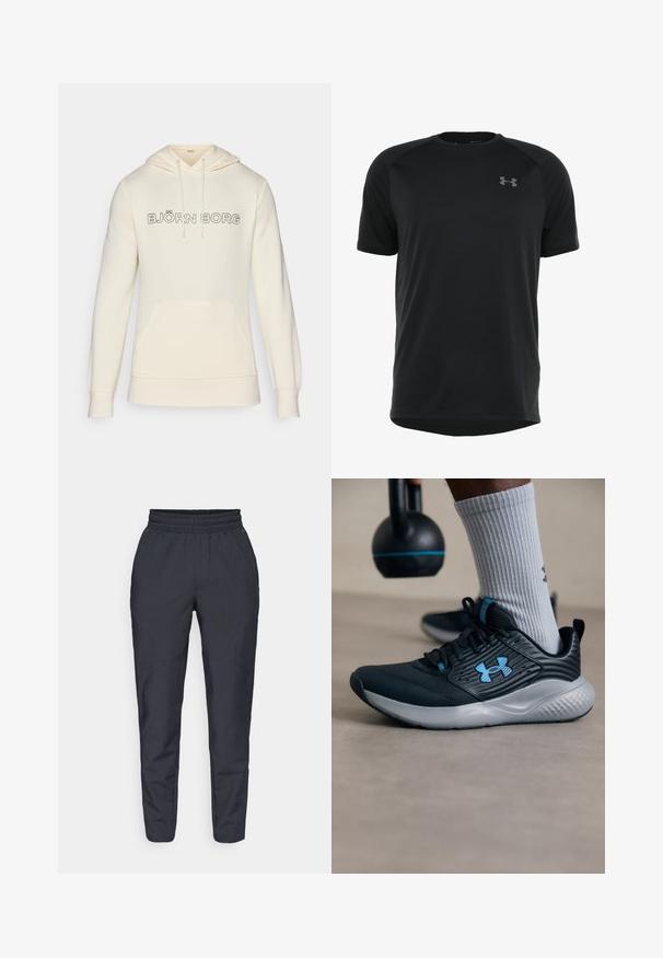 Kremfarget hettegenser med snøring i hetta, frontlomme og "BJÖRN BORG"-logo i svart over brystet. Myk tekstur.; Svart treningst-skjorte med korte ermer laget av glatt, lett stoff. Har rund halslinning og diskret logo på brystet.; Marinebukser i tapered snit lavet af blødt materiale, med elastisk talje, sidelommer og en glat tekstur med diskrete syninger.; Svarte idrettsko med blå detaljer, teksturert overdel og grå såle. Brukt med grå ribbestrikkede sokker, ved siden av en svart kettlebell.