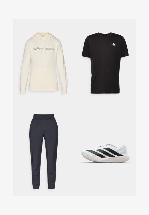 Krém színű kapucnis felső, húzózsinórral, elülső zsebből készült zsebbel, és fekete "BJÖRN BORG" logóval a mellkason. Puha szövet textura.; Fekete pamut póló rövid ujjal, kerek nyakkivágással, bal mellrészen fehér logóval. Sima textúra és egyszerű dizájn.; Tengerészkék, lágy anyagból készült, tapered fazonú nadrág, elasztikus derékkal, oldalsó zsebekkel és sima textúrával, finom varrási részletekkel.; Világoskék, fekete csíkos könnyű futószerek. Simább felső résszel, kerek orral és vastag fehér középtalppal, amelyen a "LIGHTSTRIKE PRO" felirat olvasható.