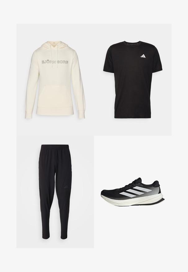 Sudadera color crema con capucha ajustable, bolsillo frontal tipo pouch y logo "BJÖRN BORG" en negro en el pecho. Textura de tela suave.; Camiseta de algodón negra con mangas cortas, cuello redondo y un logo blanco en el lado izquierdo del pecho. Textura suave y diseño sencillo.; Pantalones deportivos negros con cintura elástica, diseño ajustado, bolsillos laterales y un discreto detalle de logo. Fabricados con un material flexible y transpirable.; Zapato deportivo negro con un diseño de malla, que presenta rayas blancas, una puntera redondeada y una suela texturizada para agarre y soporte.