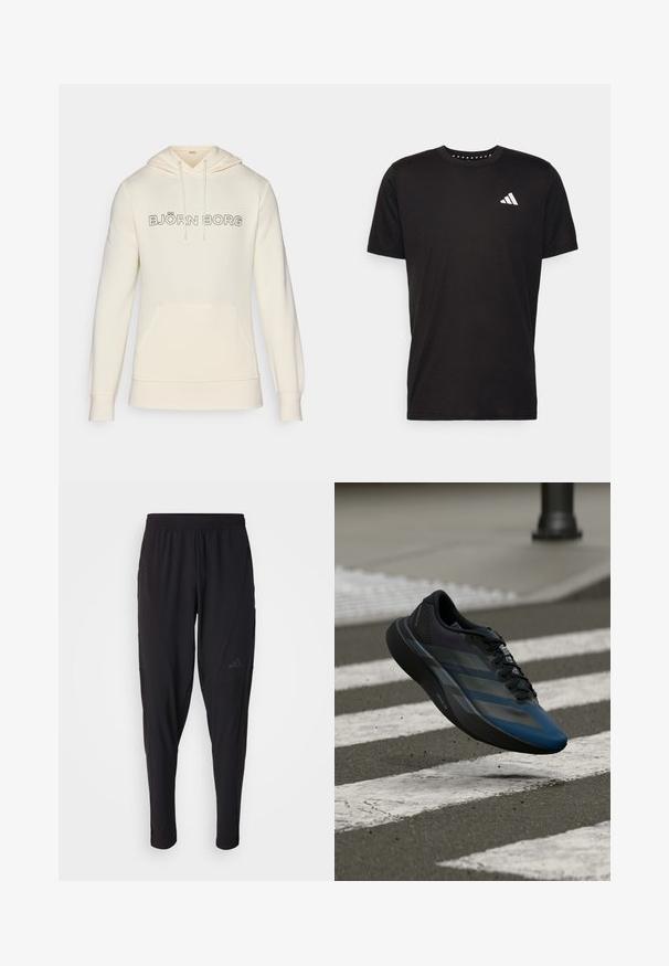 Felpa color crema con cappuccio regolabile, tasca a marsupio frontale e logo "BJÖRN BORG" in nero sul petto. Tessuto morbido.; T-shirt in cotone nero con maniche corte, scollo rotondo e logo bianco sul lato sinistro del petto. Texture liscia e design semplice.; Pantaloni sportivi neri con vita elastica, design affusolato, tasche laterali e dettagli logo discreti. Realizzati in tessuto flessibile e traspirante.; Scarpa sportiva nera e blu con un design aerodinamico, presenta una tomaia testurizzata, strisce a contrasto e una suola ammortizzata, sospesa sopra l'asfalto.