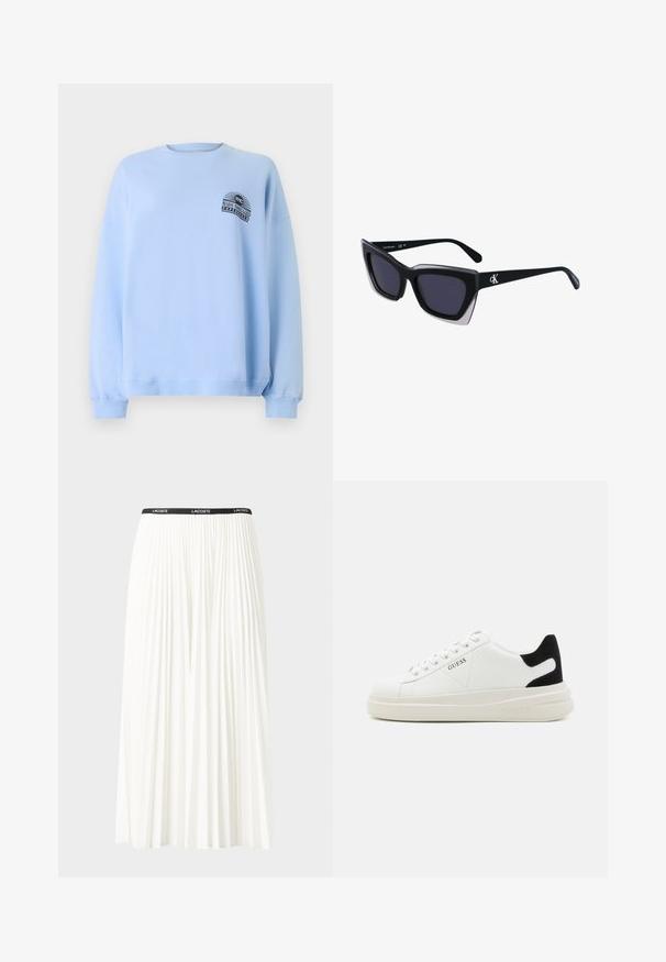 Felpa azzurra chiara con maniche lunghe e polsini a costine. Presenta un logo stampato sulla parte sinistra del petto e un collo a giro.; Gonna bianca plissettata con elastico nero in vita che presenta il logo "LACOSTE". Design di lunghezza media con texture morbida.; Sneaker bianchi in pelle con suola spessa bianca, accento in suede nero sul tallone e logo impresso sul lato. Design con lacci e sei fori per i lacci.; Occhiali da sole oversize neri dalla forma geometrica, con lenti scure e un dettaglio grigio a contrasto sulla montatura. Logo sul braccio.