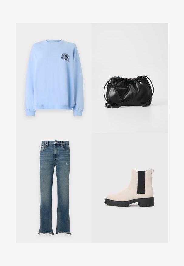 Vaaleansininen huppari, jossa on pitkät hihat ja ribbikuvioidut hihansuut. Takana on painettu logo vasemmalla rintakankaalla ja pyöreä kaula-aukko.; Siniset farkut, joissa on lievää kulutusta, paljaat rispaantuneet lahkeensuut, etutaskut, vyölenkit ja nappikiinnitys.; Beige mokkasini Chelsea-bootit mustalla elastisella sivupaneelilla, paksulla mustalla pohjalla ja vetolenkillä nilkassa.; Musta nahkainen käsilaukku, jossa on kerroksellinen muotoilu, kaksinkertainen nauhakiinnitys ja irrotettava olkahihna. Sisältää metallisen logo-yksityiskohdan.