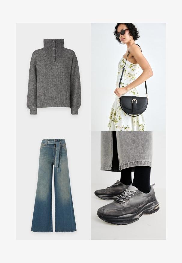 JDY INGEBORG LIFE - Pulover - dark grey; Široke jeans hlače z gradientom od svetlo do temno modre, visokim pasom, zankami za pas in pasom iz istega materiala. Tekstura denim končnica.; Črne in sive športne čevlje imajo mrežast zgornji del, debele podplate in vezalke. Imajo zaobljen nos in opazne podrobnosti oblazinjenja.; Črna usnjena torbica s ukrivljeno obliko, z odstranljivo naramnico in zlatimi dodatki. Torbica ima pokrov s podrobnostmi v obliki zaponke.