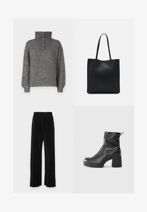 JDY INGEBORG LIFE - Strickpullover - dark grey; Schwarze plissierte Hose mit elastischem Bund. Verfügt über weite Hosenbeine und einen glatten, strukturierten Stoff mit vertikalen Streifen.; Schwarze Stiefeletten aus glattem Leder mit seitlichem Reißverschluss, klobigem strukturiertem Absatz und runder Zehenform.; Schwarze Laptoptasche aus Leder mit glatter Textur, rechteckiger Form und zwei langen Griffen. Keine sichtbaren Beschläge oder Verzierungen.