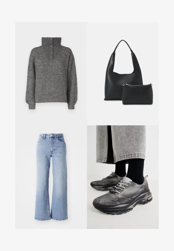 JDY INGEBORG LIFE - Camisola - dark grey; Jeans de cintura alta, de perna larga, em azul claro, com bolsos frontais e traseiros, fecho de botão e desbotamento subtil nas coxas e nas bainhas.; Sapatilhas atléticas pretas e cinzentas apresentam um upper em malha, solas espessas e atacadores. Têm um bico arredondado e detalhes de amortecimento visíveis.; Even&Odd Mala de mão - black