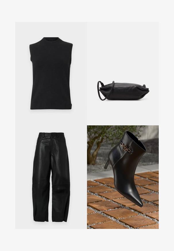 Black sleeveless knit top with high round neckline and straight hem against a white background.; Black blouse with long sheer sleeves, featuring front pleats and a layered fabric flower accent on the left shoulder. Button closure at neck.; Black leather pants with a loose fit, featuring a straight leg design, front pockets, and visible stitching details.; Black leather ankle boot with pointed toe and small heel. Features a gold chain accent on the ankle. Surrounded by a textured stone surface.; Black leather clutch bag with a rectangular shape, smooth texture, thin shoulder strap, and minimalistic design.
