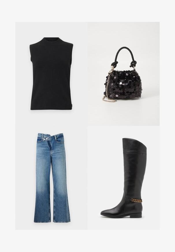 Czarny bezrękawnik dzianinowy z wysokim okrągłym dekoltem i prostym dołem na białym tle.; Jasnoniebieskie dżinsy o fasonie dzwonów z wysokim stanem, z dwiema guzikami i kieszeniami z przodu. Materiał ma wyblakłą fakturę z subtelnymi odcieniami.; Wysokie czarne skórzane botki o eleganckim designie, ze spiczastym noskiem i złotym łańcuszkiem na kostce. Niski blokowy obcas. Gładka tekstura.; Czarna mini torebka z cekinami, z węzłowym, teksturowanym paskiem i srebrnym łańcuchem. O zaokrąglonym kształcie z marszczoną górą i refleksyjnymi detalami.