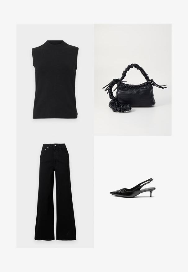 Black sleeveless knit top with high round neckline and straight hem against a white background.; Black wide-leg jeans made from denim, featuring a high waist, five pockets, front button closure, and minimal stitching details.; Black leather slingback heels with a pointed toe, small kitten heel, and a decorative knot detail on the front. Smooth texture throughout.; Black faux leather handbag with a crocodile texture, cinched top, and a scrunched strap. Appears soft and compact in design.
