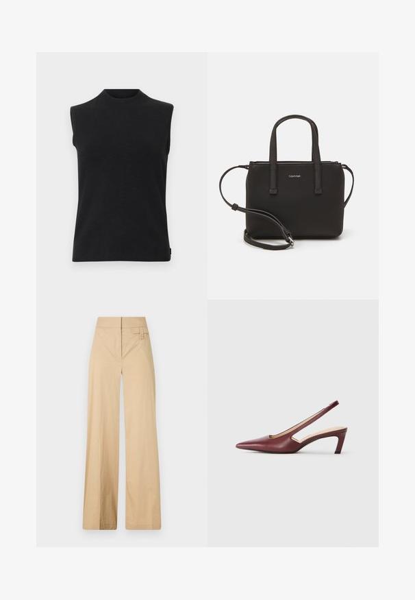 Melna bezpiedurkņu adīta blūze ar augstu apaļu kakla izgriezumu un taisnu apakšmalu uz balta fona.; Beige platajuma bikses, kas izgatavotas no kokvilnas maisījuma auduma. Tām ir gluda tekstūra, elastīga josta un sānu pogu detaļa.; Burgundijas krāsas slingback papēži ar norādītu purngalu, sānu izgriezumiem un vidēja auguma bloku papēdi. Gluda ādas apdare.; Melns roku soma ar divām īsām rokturiem un noņemamu plecu siksnu. Gluda ādas līdzīga materiāla ar rāvējslēdzēja aizdari un logos detaļu.