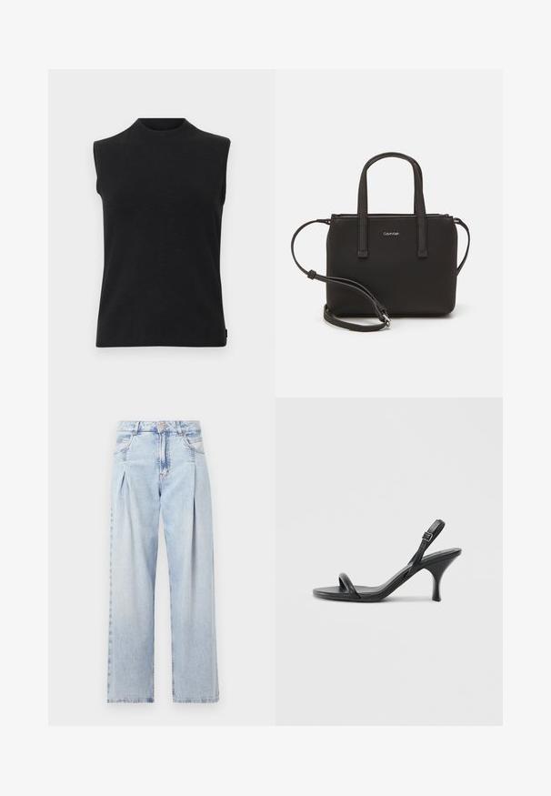 Musta ilmanhiha knit-toppia, jossa on korkea pyöreä kaula-aukko ja suora helma valkoista taustaa vasten.; Vaaleansiniset farkut, joissa on korkea vyötärö, leveälahkeinen leikkaus, kaksi sivutaskua ja pleatattu muotoilu. Pehmeä rakenne, jossa on haalistunut viimeistely.; Mustat nahkaiset korkokengät, joissa on hoikka, kaareva korko ja ristiin menevä hihnadesign. Säädettävä nilkkahihna. Silkkinen pinta.; Musta käsilaukku, jossa on kaksinkertaiset lyhyet kahvat ja irrotettava olkahihna. Silkkinen nahkatunneinen materiaali, jossa on vetoketjukiinnitys ja logoyksityiskohta.