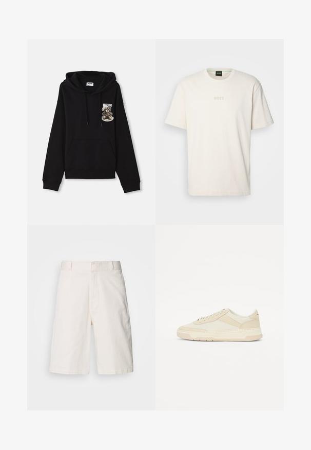 Schwarzer Kapuzenpullover mit einer Vorderstasche, Kordeln und einem grafischen Design eines Bären auf einem Teller mit dem Markennamen "Moschino".; BOSS TEE - T-Shirt basic - open white; Weiße Baumwollshorts mit einem lockeren Schnitt, ausgestattet mit zwei vorderen Taschen, einem Reißverschluss und einer glatten Textur. Sauberes, einfaches Design ohne Muster.; Beiger Sneaker aus glattem Leder und Textil; niedriges Profil mit runder Zehenpartie und Schnürverschluss; strukturierte seitliche Akzente.