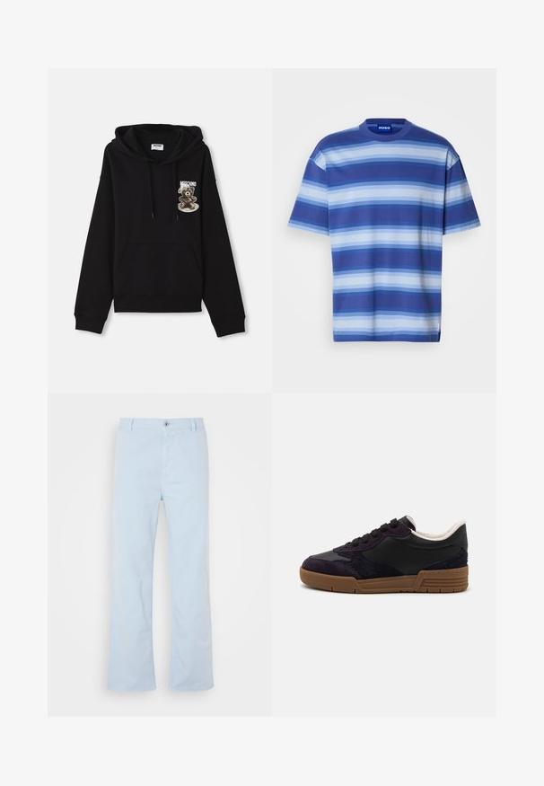 Sudadera con capucha negra que presenta un bolsillo frontal, cordones y un diseño gráfico de un oso en un plato con el nombre de la marca "Moschino."; Camiseta de manga corta hecha de algodón con rayas horizontales en varios tonos de azul. Escote redondo, ajuste relajado y una etiqueta que muestra la marca.; Pantalones de algodón azul claro con corte recto, cierre frontal con botón y bolsillos laterales. Textura suave y detalles de costura mínimos.; Zapatilla oscura morada con paneles de cuero y gamuza, diseño de punta redonda, cordones negros y suela de goma marrón. Variaciones de textura en los laterales.
