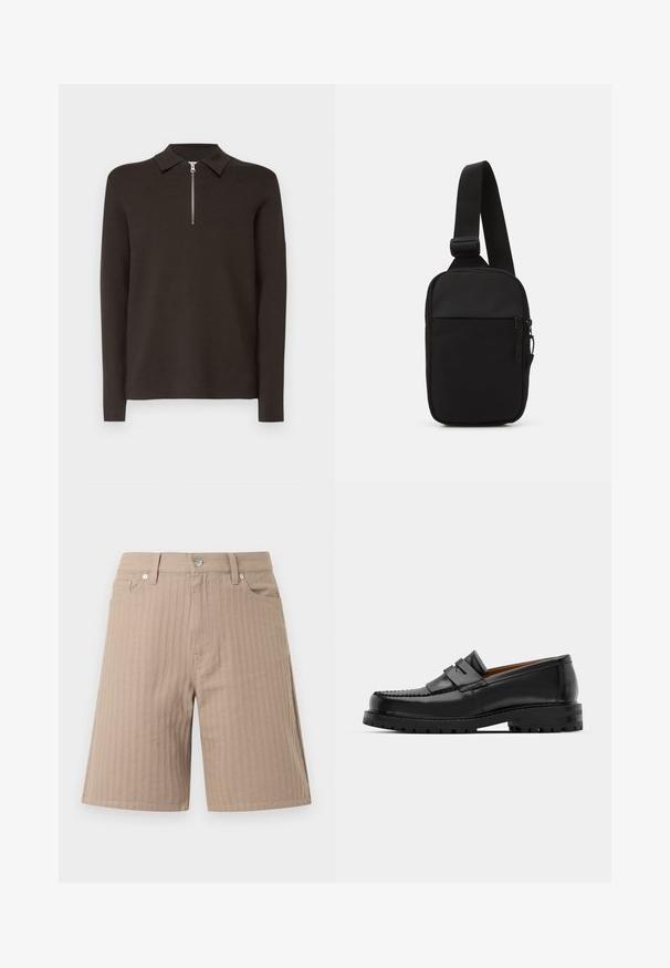 Polo de culoare maron închis, cu mâneci lungi, guler și o închidere cu fermoar scurt de culoare argintie. Confectionat dintr-un material neted și moale. Fără modele sau accente.; Pantaloni scurți bej din material texturat, cu dungi verticale, talie cu nasture în față și buzunare laterale.; Mocasinii din piele neagră au o cusătură ridicată, două bare decorative pe partea superioară și o talpă groasă texturată pentru o aderență suplimentară.; Geantă crossbody neagră, confecționată dintr-un material rezistent, dotată cu o curea ajustabilă, un compartiment principal cu fermoar și o buzunar frontal.