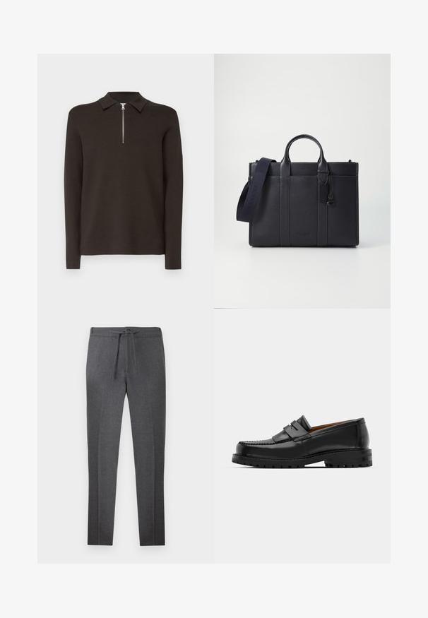 Tummanruskea pitkähihainen polo-paita, jossa on kaulus ja lyhyt hopeinen vetoketju. Valmistettu sileästä ja pehmeästä materiaalista. Ei kuvioita tai yksityiskohtia.; Tummanharmaat kapenevat housut, joissa on joustava vyötärö ja kiristysnauha, ja joissa on hienovaraisia poikittain taitteita edessä.; Mustat nahka loafit sisältävät kohoavan sauman, kaksi koristeellista nauhaa yläosassa ja paksun teksturoidun pohjan parempaa pitoa varten.; Tummansininen nahkainen salkku, jossa on kaksinkertaiset yläkahvat ja irrotettava hihna. Varustettu tekstuuripinnalla, pystysuoralla ompeleella ja logotiedoilla.