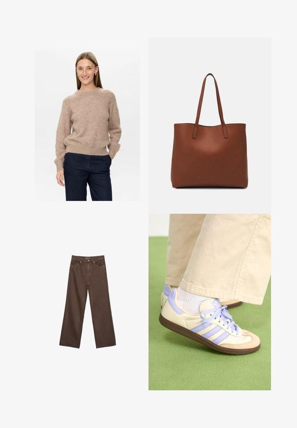 Beżowy sweter wełniany o miękkiej fakturze, okrągłym dekolcie i długich rękawach. W zestawieniu z ciemnoniebieskimi spodniami. Prosty fason, casualowy krój.; Szerokie brązowe dżinsy wykonane z denimu, z wysokim stanem, przednimi kieszeniami i klasycznym zapięciem na guzik. Gładka faktura z subtelnym przeszyciem.; Kremowe i lawendowe trampki z trzema paskami oraz teksturowaną brązową podeszwą, wyposażone w sznurówki i wyścieloną piętę. Górna część z miękkiego materiału.; Brązowa skórzana torba tote o gładkiej fakturze, z otwartym wierzchem i dwoma ramiączkami. Charakteryzuje się minimalnym przeszyciem i brakiem widocznych elementów metalowych.