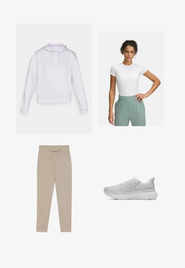 Hvid oversized hættetrøje med lange ærmer, snor i hætten og ribbet talje. Lavet af blødt, glat stof uden mønstre eller accenter.; Hvid tætsiddende t-shirt med korte ærmer, parret med lys grønne bukser med elastisk talje. Glat tekstur, minimalistisk design og ingen synlige mønstre.; Beige sportsbukser med snøre i taljen, tætsiddende pasform og flade sømme. Fremstillet af et let, glat stof. Ingen lommer til stede.; Lys grå sportsko med en åndbar mesh-overdel, rund tå, polstret sål og subtil branding på hælen.