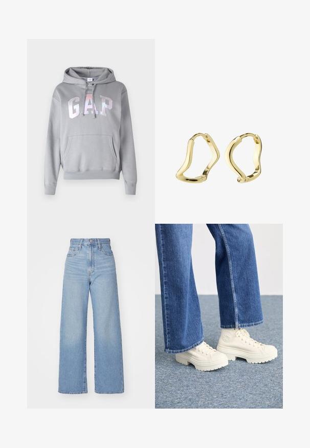 GAP HERITAGE - Sweatshirt - pilot grey; Light blue high-waist wide-leg jeans with front button and zip closure, front and back pockets, on a white background.; White high-top sneakers with thick, ridged soles and circular logo detail, worn with light blue, wide-leg denim jeans.; Gold hoop earrings with a fluid, wave-like design. Smooth texture, open shape, and no visible fasteners. Minimalist and modern appearance.