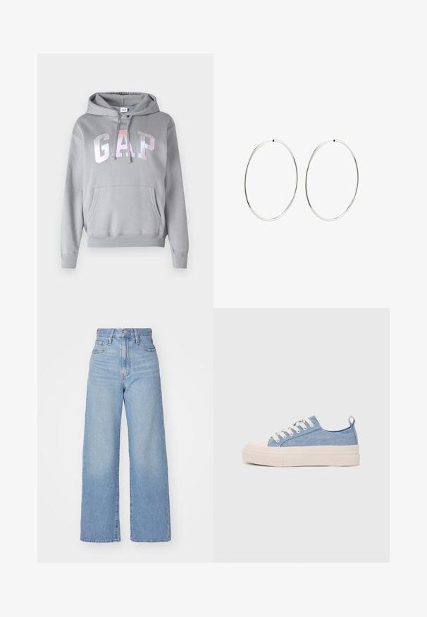 GAP HERITAGE różowy; Jasnoniebieskie jeansy z wysokim stanem i szerokimi nogawkami, z zapięciem na guziki i zamek z przodu, przednie i tylne kieszenie, na białym tle.; Jasnoniebieskie płócienne sneakersy z kremowym czubkiem z gumy i podeszwą, z białymi sznurówkami i pętelką na pięcie.; Srebrne kolczyki na kółku o gładkim, okrągłym kształcie i wypolerowanym wykończeniu. Są cienkie i lekkie, z prostym zapięciem.