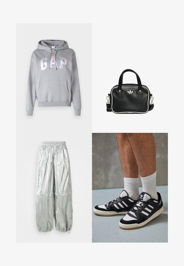 GAP HERITAGE - Sweatshirt - pilot grey; Silver lightweight cargo pants with a shiny texture, elastic waistband, gathered cuffs, and two large front pockets.; Black and white sneakers with a suede and leather upper, featuring three white stripes, a perforated toe, and a gum rubber sole.; Black leather handbag with two short handles, silver hardware, white accents, and a white logo. Features a textured surface and compact design.