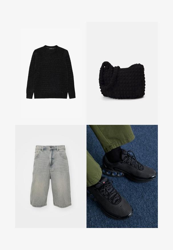 Zwarte gebreide trui met een gestructureerd oppervlak, ronde hals, lange mouwen en een klein logo accent nabij de zoom.; Lichtblauwe denim shorts met een relaxte fit, voorzien van vijf zakken, riemlussen en een vervaagde textuur. De zoom is opgerold en gestikt.; Zwarte sportschoenen met een bovenwerk van gaas, een gestructureerde oppervlakte en zichtbare luchtkussens. Gecombineerd met olijfgroene broeken en zwarte sokken.; Zwarte stoffen tas met een gestructureerd, gewatteerd patroon. Rondvormig, korte, dikke handvatten en een zachte, flexibele structuur.