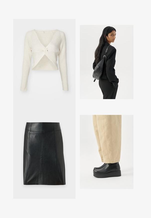 ONLY ONLLARISA V NECK - Džemperis - cloud dancer; Balta bezpiedurkņu topiņš no ribotā auduma, ar noapaļotu kakla izgriezumu un pieguļošu siluetu, ar minimālām šuvēm un bez rotājumiem.; Melnas ādas svārki ar pieguļošu dizainu. Gluda tekstūra, šuves izceļ formu un taisna apakšmalu. Minimālistiska un eleganta izskata.; Melni ādas potīšu zābaki ar noapaļotu purngalu un platformas zoli. Saskaņoti ar bežām platām biksēm, kurām ir redzamas šuvju detaļas.; Sieviete ar garām tumšām matiem, ģērbusies melnā uzvalkā, nēsā melnu ādas plecu somu un skatās pāri plecam uz balta fona.; Sudraba gredzenveida auskari ar savītu dizainu, kas ir ar pulētu apdari un ar aizmugurēju fiksāciju. Izmērs ir aptuveni 3 cm diametrā.