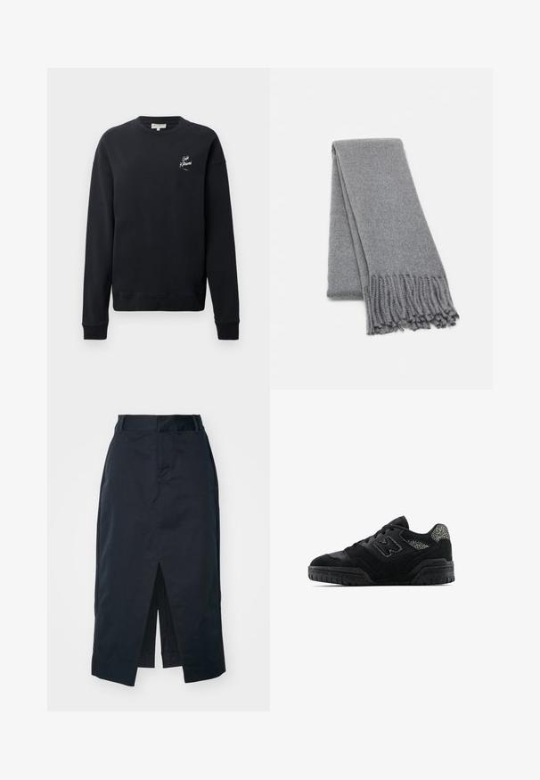 Black sweatshirt, cotton material, crew neck, long sleeves, ribbed cuffs, featuring white logo detail on left chest. Smooth texture, minimal design.; Dark navy midi skirt made of cotton blend fabric, featuring a front slit, concealed zipper, and side pockets for functionality.; Black low-top sneaker with textured sole, lace-up design, suede panels, and patterned accents on heel and side logo.; Gray wool scarf with a soft texture, featuring fringed edges and a simple design. Folded neatly, showcasing its elongated shape.