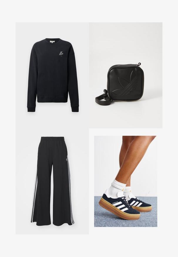 Felpa nera, in cotone, con scollo rotondo, maniche lunghe, polsini a coste, con dettagli del logo bianco sul lato sinistro del petto. Texture liscia, design minimale.; Pantaloni in felpa neri a gamba larga con vita elastica, dotati di strisce bianche sui lati e un logo ricamato sulla coscia sinistra.; Sneakers in pelle scamosciata nera con strisce e dettagli bianchi, punta arrotondata, suola in gomma color gomme, abbinate a calzini bianchi a coste alla caviglia.; Borsa a tracolla nera realizzata in materiale sintetico testurizzato. Presenta un design con logo inciso e una tracolla regolabile. Chiusura con zip.