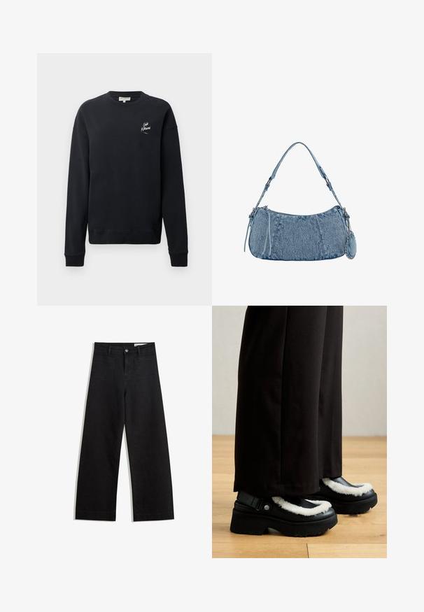 Čierna mikina, bavlnený materiál, okrúhly výstrih, dlhé rukávy, ribované manžety, s bielym detailom loga na ľavej hrudi. Hladká textúra, minimalistický dizajn.; Čierne denimové nohavice s širokými nohavicami a vysokým pásom, so prednými a zadnými vreckami, šitými švami a zapínaním na gombík. Hladká textúra.; Čierne platformové topánky majú biely chlpatý lem, zaoblenú špičku a strapec s kovovým gombíkom. Nosené s čiernymi nohavicami na drevenej podlahe.; Džínová kabelka s zakriveným tvarom, svetlomodrej farby, so nastaviteľným popruhom na rameno a malým odnímateľným vreckom s kovovými detailmi.
