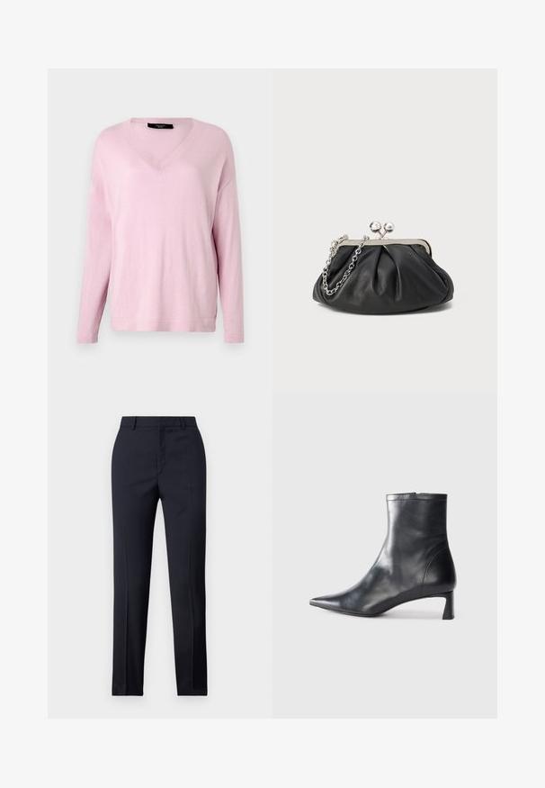 WEEKEND MaxMara RANIA - Svetr - pink; Navy kalhoty s rovný střih, vyrobené z hladkého materiálu, se dvěma předními kapsami a čistým pasem.; Černé kožené kotníkové boty s špičatou špičkou a elegantním designem. Mají nízký podpatek a zipové zapínání na zadní straně. Hladká textura.; Černá kožená kabelka s nabíranou texturou, stříbrný kovový rám, uzávěr na klips a řetízkový popruh. Hladký, jemný povrch.