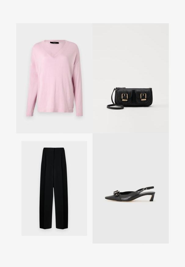WEEKEND MaxMara RANIA - Pulover - pink; Pantaloni negri evazați cu talie înaltă, având plisseuri și o textură netedă. Țesătura pare ușoară și se așază elegant.; Pantofii negri din piele cu toc mic, vârf ascuțit și detaliu decorativ cu cataramă pe partea superioară. Textură netedă, design minimal.; Geantă neagră din piele, tip crossbody, cu două buzunare frontale, catarame aurii, închidere cu fermoar și o curea subțire. Suprafață texturată și formă rectangulară compactă.