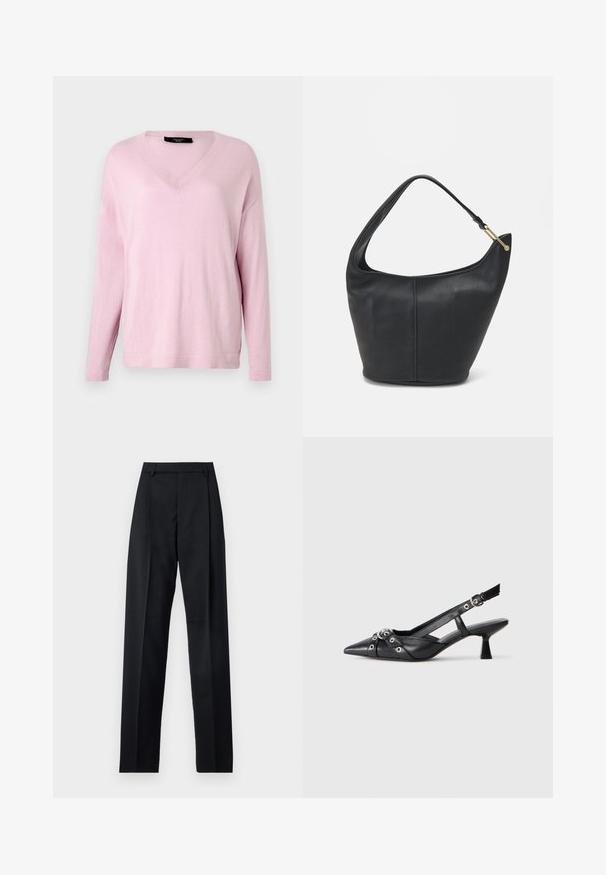 WEEKEND MaxMara RANIA - Camisola - pink; Calças pretas feitas de um tecido suave, com uma cintura alta, pernas largas, pregas frontais e passadores de cinto clássicos. Não há bolsos laterais visíveis.; Sapato slingback em couro preto com biqueira fina, tiras decorativas com ilhós de metal e um pequeno salto quadrado. Superfície texturizada.; Bolsa de mão em pele preta com uma forma arredondada, uma alça larga e um acabamento texturizado. Apresenta um discreto detalhe de costura e um acabamento em metal dourado.