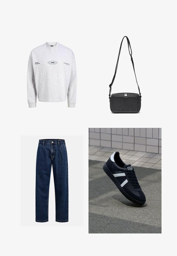 Pelēks kokvilnas džemperis ar garām piedurknēm, apaļu kaklu un izšuvumu. Priekšpusē ir dizaini "Athletic Essentials" un "1990".; Tumši zilie džinsu bikses ar taisna kāju dizainu. Iezīmējas redzamas šuves, pogu aizdare un priekšējie gurni papildu detaļām.; Melnā ādas sporta apavi ar baltām svītrām, teksturēta gumijas zole un auklu aizdare. Iekļauj zīmola etiķeti uz mēles.; Melna ādas soma uz pleca ar zīmolu, slēdzamu rāvējslēdzēju un regulējamu siksnu. Gluda tekstūra un taisnstūru forma.