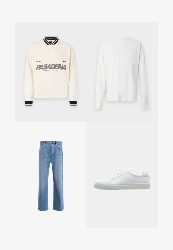 Weißer Sweater mit schwarzen Akzenten, mit geripptem Kragen und Bündchen. Auf der Vorderseite steht "PASADENA" in fettem, stilisierten Text.; Langärmliges weißes Baumwollhemd mit rundem Ausschnitt, seitlichen Schlitzen am unteren Rand und glatter Textur, von hinten präsentiert.; Helle blaue Jeans im Geradeschnitt-Design, mit fünf Taschen, Knopfverschluss, minimaler Ausbleichung und kontrastierenden Nähdetails.; Weißer Sneaker mit glattem Lederobermaterial und niedrigem Profil. Verfügt über eine runde Zehenpartie, sechs Ösen und eine strukturierte Gummisohle.
