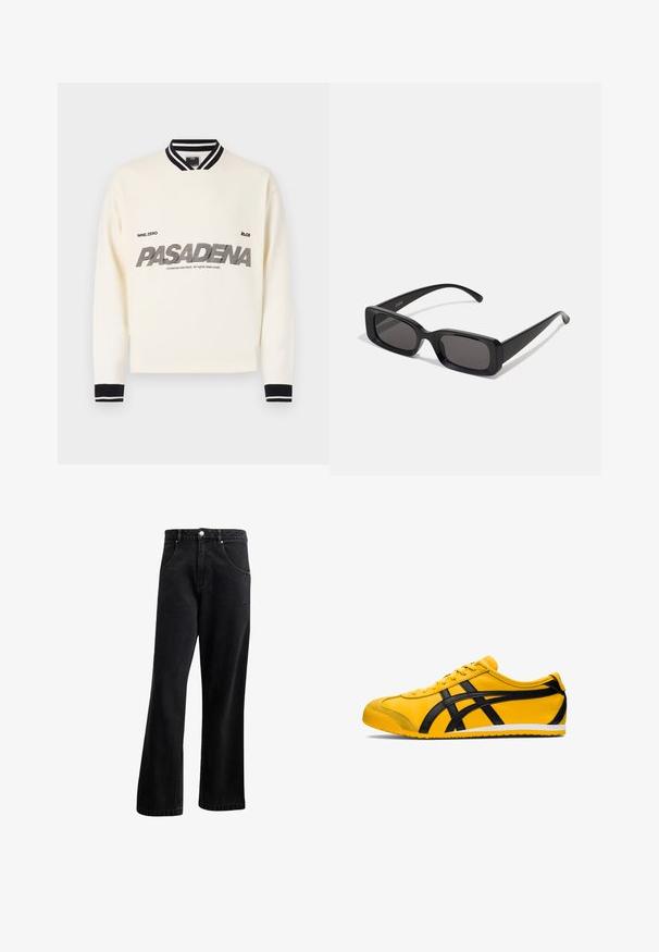 Felpa bianca con dettagli neri, presenta un colletto e polsini a coste. Sul davanti è stampato "PASADENA" in caratteri audaci e stilizzati.; T-shirt bianco a maniche corte realizzato in cotone morbido, con scollatura rotonda e vestibilità rilassata con orlo dritto. Nessun motivo o dettaglio visibile.; Jeans in denim nero con un design a gamba dritta, dotati di tasche frontali, chiusura con bottone e una leggera texture. Include un sottile dettaglio del logo.; Scarpa da atletica gialla con accenti neri, texture in pelle liscia, design curvo, punta rotonda, suola piatta bianca e marchio prominente sul lato.; Occhiali da sole neri rettangolari con lenti scure, finitura lucida, aste larghe e design della montatura spessa. Nome del marchio inciso su un'asta.