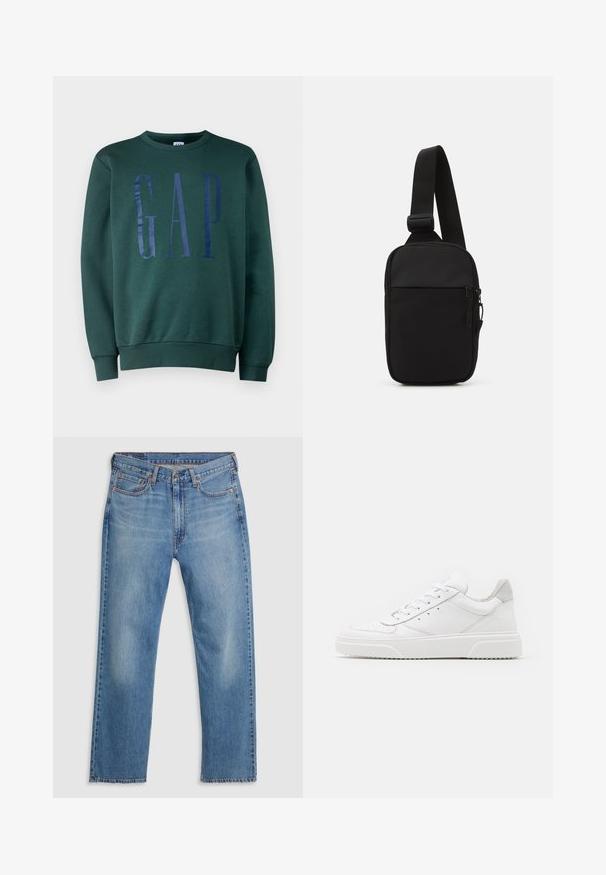 Grön sweatshirt med rund halsringning och ribbad mudd. Har en glänsande mörkblå "GAP"-logotyp fram. Mjukt material.; Blå raka denimjeans med framknäppning och blixtlås, bälteshällor och fem-fickors design på vit bakgrund.; Vita lädersneakers med en slät yta, rund tå, platta snören och en texturerad sula. Grå mockadetalj vid hälen.; Svart axelväska gjord av slitstarkt tyg, med en justerbar rem, ett zip-försett huvudfack och en framficka.