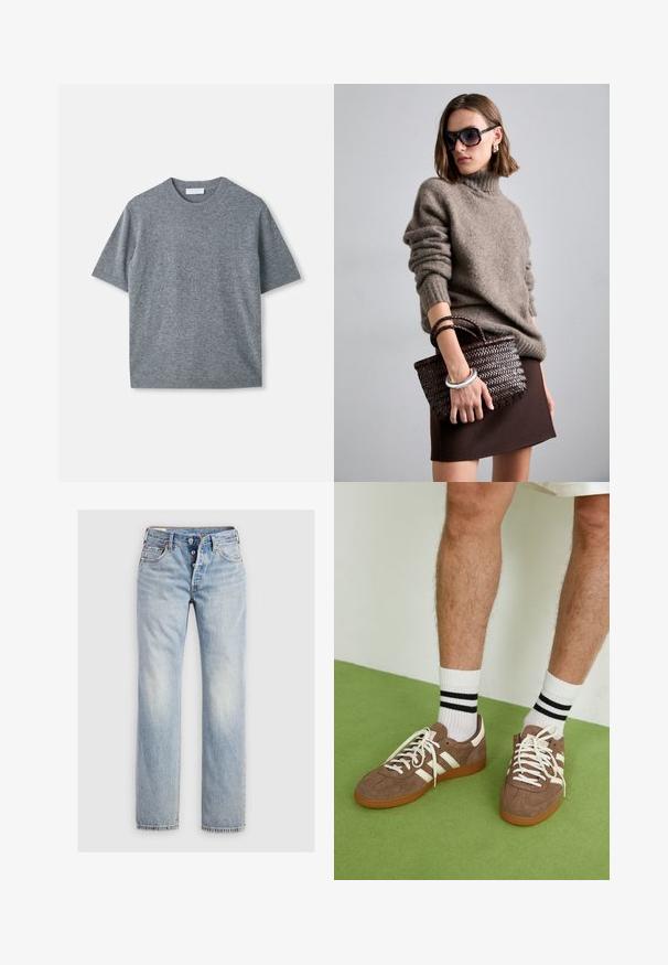 Pulover scurt cu mânecă gri, realizat dintr-un material moale și ușor. Dispune de un guler rotund, manșete și tiv cu nervuri. Textură netedă cu un finisaj subtil.; Jeans din denim de culoare albastru deschis, cu un design drept, fermoar cu cinci nasturi și buzunare din spate cu detaliu subtil de cusătură.; Adidași maro din suede cu accente și șireturi albe. Talpă din cauciuc de culoare caramel. Purtați cu șosete albe cu dungi negre. Pardoseală verde texturată.; DRAGON DIFFUSION MINI FLAT GORA - Geantă de mână - dark brown