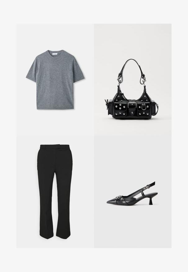 Pulover scurt cu mânecă gri, realizat dintr-un material moale și ușor. Dispune de un guler rotund, manșete și tiv cu nervuri. Textură netedă cu un finisaj subtil.; Pantaloni negri, croiți pe picior drept, cu bucle pentru curea și buzunare laterale. Fabricate dintr-un material neted, cu un finisaj curat.; Pantofii slingback din piele neagră, cu vârful ascuțit, curele decorative cu ochiuri din metal și toc bloc mic. Suprafață texturată.; Geantă de piele neagră cu un design curbat, dotată cu studuri argintii, o cataramă și două buzunare laterale. Curea ajustabilă pentru opțiuni de transport.