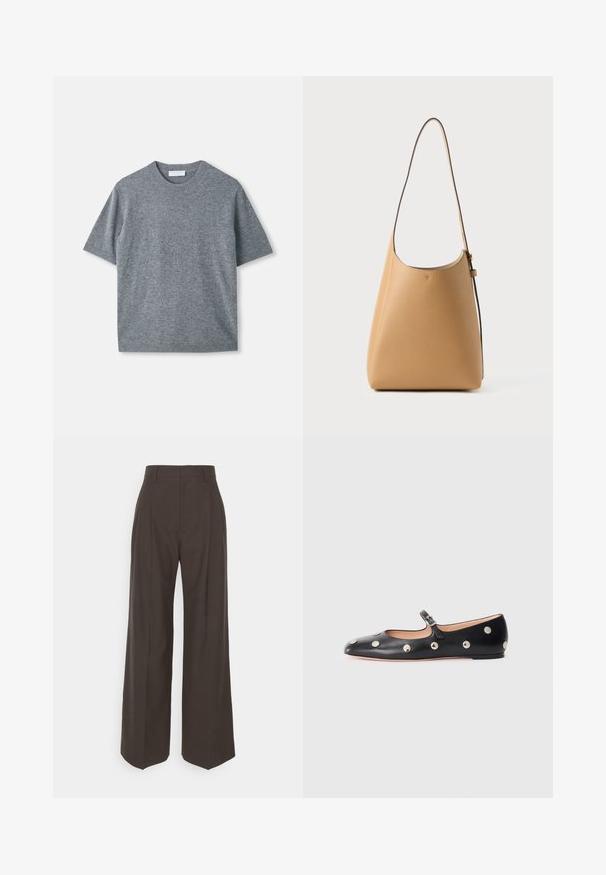Maglione grigio a maniche corte realizzato in un materiale leggero e morbido. Presenta un collo a giro, polsini e orlo a costine. Texture liscia con una finitura sottile.; Pantaloni ampi marrone scuro con vita alta, caratterizzati da pieghe ben stirate, una texture liscia e una vestibilità su misura.; Scarpa flat nera in pelle tipo Mary Jane con punta arrotondata, caratterizzata da borchie circolari argentate e una fascia regolabile con fibbia.; Borsa a spalla in pelle di un tan chiaro con una superficie liscia, design minimalista, una singola tracolla curva e dettagli hardware discreti.