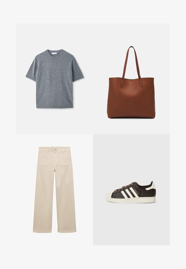 Short-sleeve grey sweater made of a soft, lightweight material. Features a crew neck, ribbed cuffs, and hem. Smooth texture with a subtle finish.; Beige wide-leg pants made of cotton. Features a zipper fly, a front button, and two patch pockets on the back. Clean hem with no embellishments.; Low-top Adidas Superstar sneaker in dark brown leather with cream shell toe, white stripes, and "Superstar" text on the side.; Brown leather tote bag with a smooth texture, open top design, and two shoulder straps. Features minimal stitching and no visible hardware.
