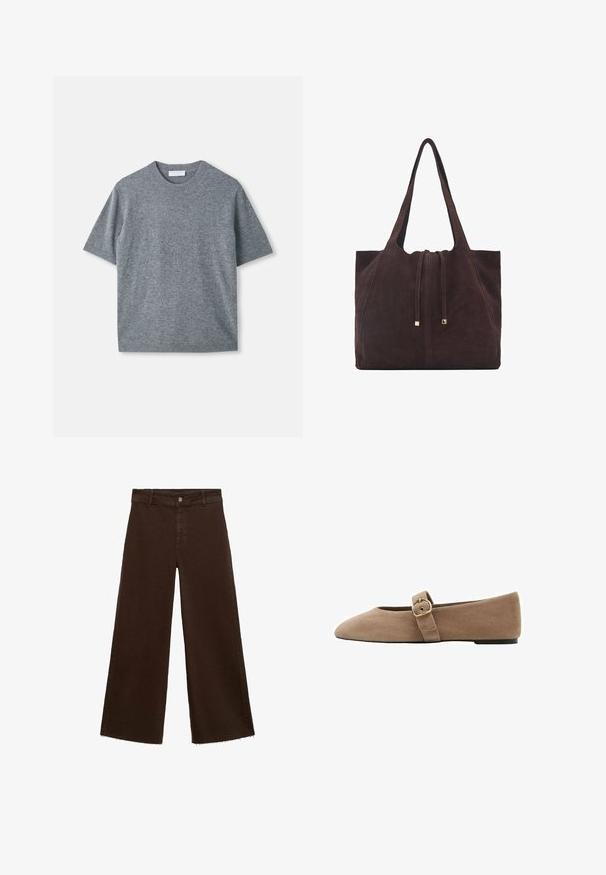 Short-sleeve grey sweater made of a soft, lightweight material. Features a crew neck, ribbed cuffs, and hem. Smooth texture with a subtle finish.; Brown wide-leg trousers in cotton blend, featuring a frayed hem, front button closure, and classic five-pocket design. Minimalistic and versatile.; Beige suede flat shoe with a pointed toe and an adjustable strap featuring a metal buckle on the side for closure.; Mango Tote bag - dark brown