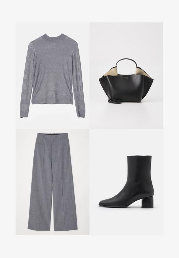 Pilkas ilgas rankoves megztinis su apvaliu kaklu, glotnaus, tekstūruoto audinio su metaliniu blizgesiu ir subtiliais horizontaliais juostelėmis.; MM6 Maison Margiela PANTS - Kelnės - grey melange; Juodas odinis kulkšninis botas su smailiu pirštu ir masyviu kvadratiniu kulnu. Lygus paviršius be siūlių ir minimalizmu išsiskiriantis dizainas.; Ree Projects ANN TOTE MINI - Rankinė - black
